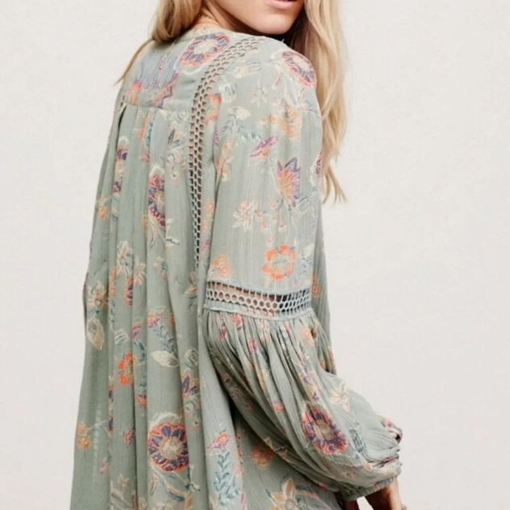 Free People Just The Two Of Us Printed Floral Lace Inset Tunic Dress, S